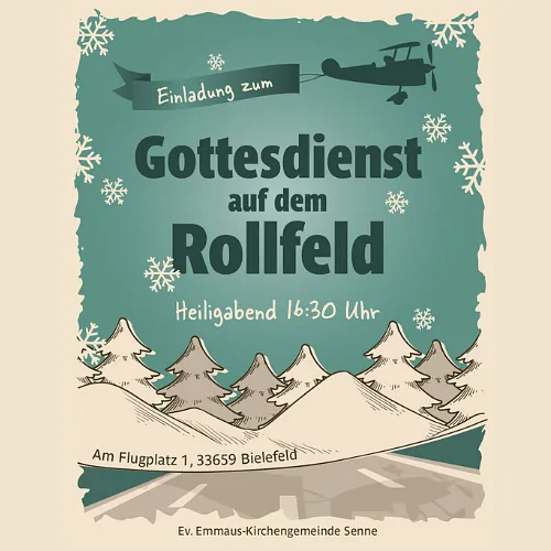 Plakat Gottesdienst auf dem Rollfeld, Hintergrund Winterlandschaft mit Rollbahn und Flugzeug am Himmel