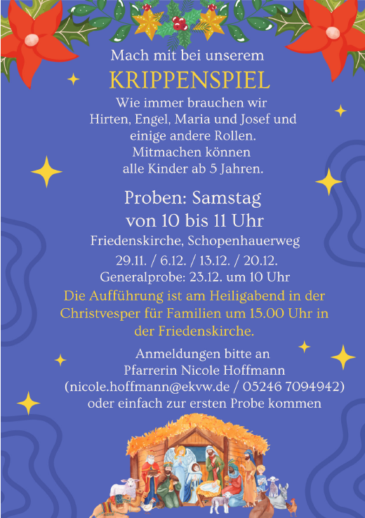 Einladung zum Krippenspiel mit blauem HIntergrund mit Sternen und Krippe