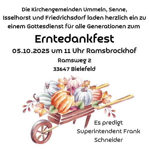 Plakat Erntedankgottesdienst mit Schubkarre voller Kürbisse