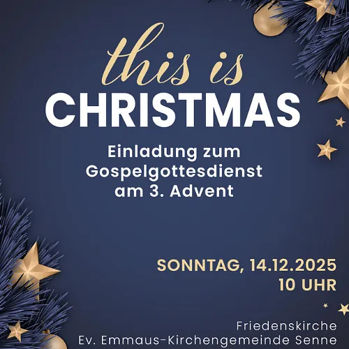 Plakaat Gospelgottesdienst am 3. Advent, Hintergrund dunkelblau mit goldenen Sternen