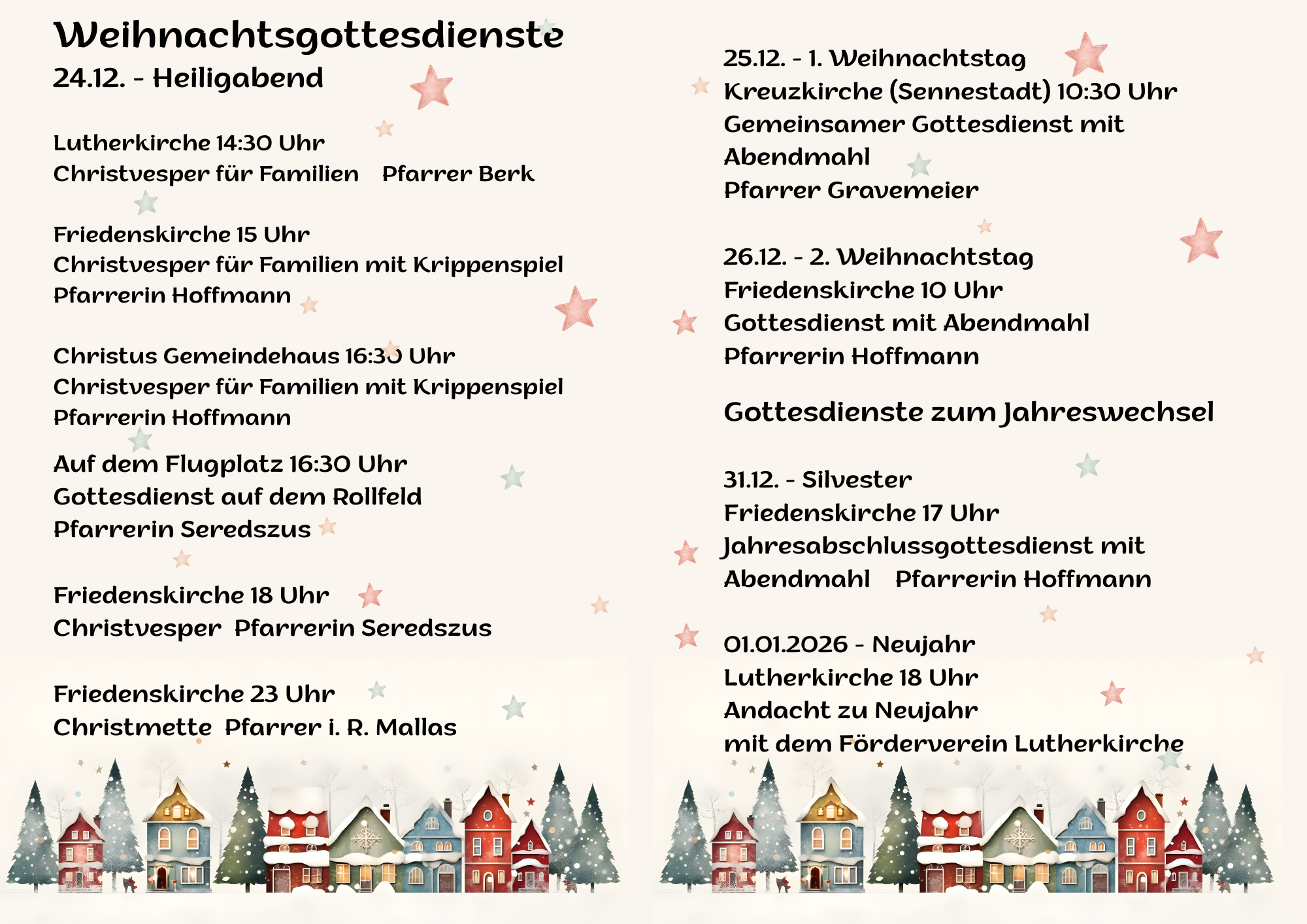 Übersicht Weihnachtsgottesdienste, Hintergrund mit Sternen und Stadtsilhouette 