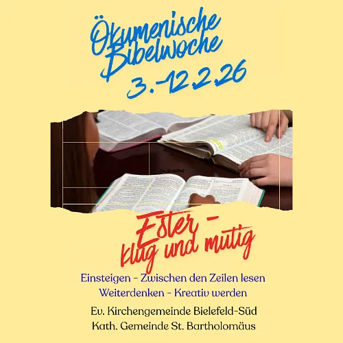 Plakat Bibelwoche mit aufgeschlagenen Büchern