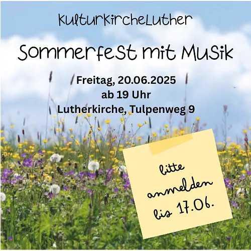 Plakat mit Sommerwiese für Sommerfest mit Musik am 20.06.25 ab 19 Uhr in der Lutherkirche