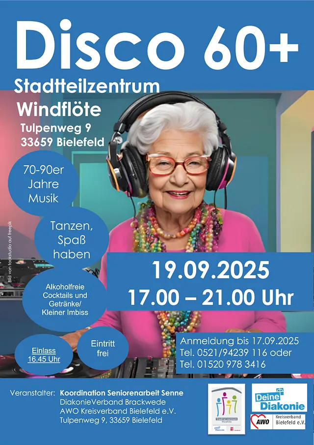 Plakat Disco 60+ 19.09.25 Stadtteilzentrum Windflöte
